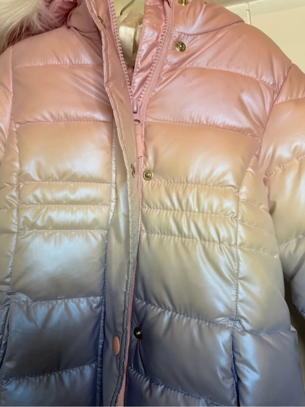 Girls' Ombre Faux-Fur Hooded Puffer Jacket - Pink, White, Blue